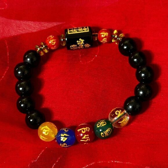 Chinese Obsidian Stretch Bracelet Black Zodiac Stone Feng Shui Five-element - Picture 7 of 9